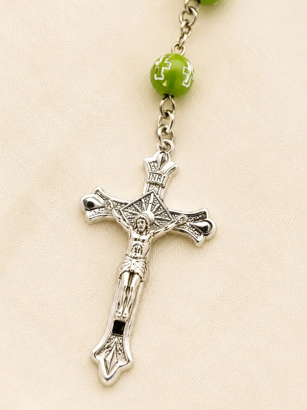 Catholic Lime Green Beaded Rosary Silver Crucifix Mary Cross Prayer Beads